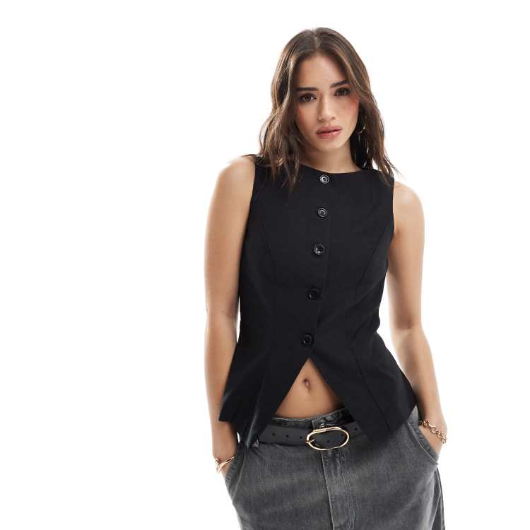 ASOS DESIGN tailored high neck split vest in black | ASOS