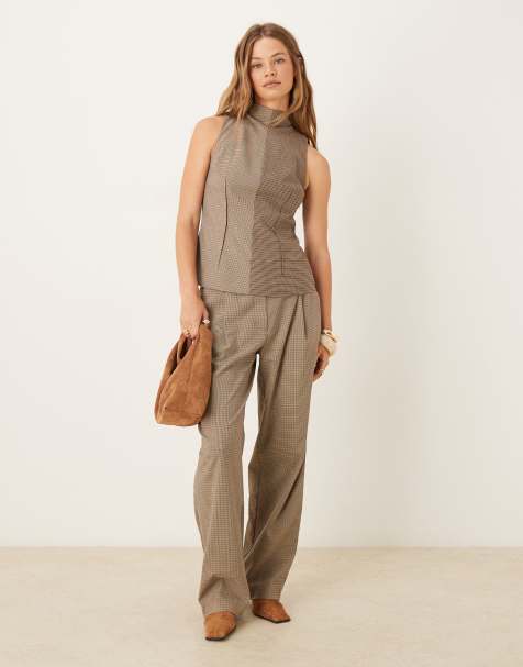 ASOS DESIGN tailored high neck top and decon barrel leg pants set in mixed check - view 1