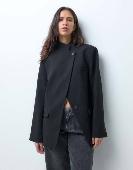 ASOS DESIGN Tailored high neck wrap front blazer in black, 4 of 4