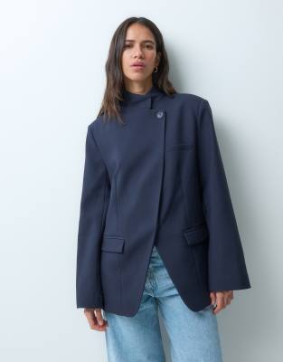 Asos Design Tailored High Neck Wrap Front Blazer In Blue