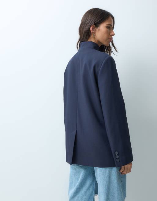ASOS DESIGN Tailored high neck wrap front blazer in navy | ASOS
