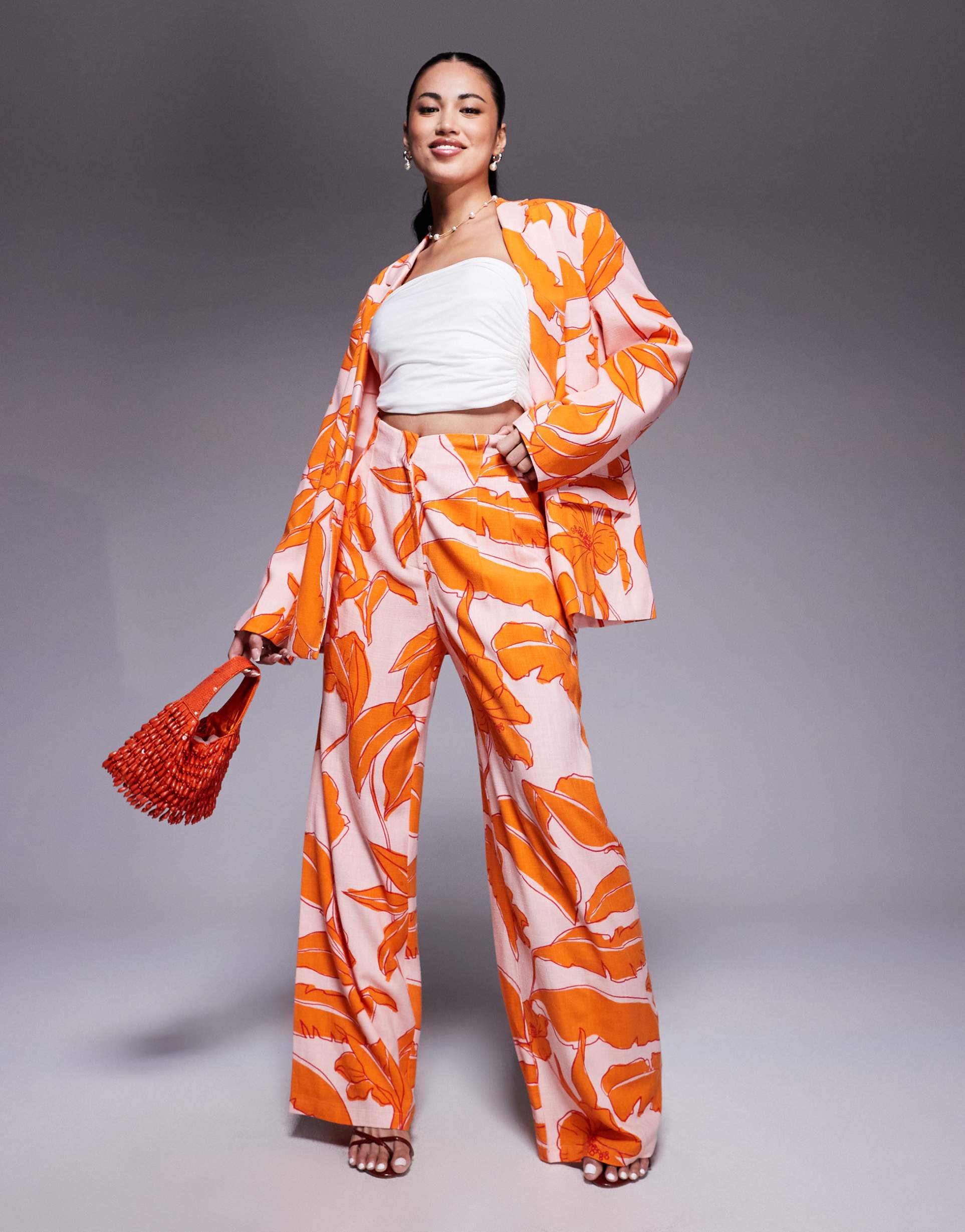 asos design tailored high rise seam detail pants with linen in palm print - part of a set