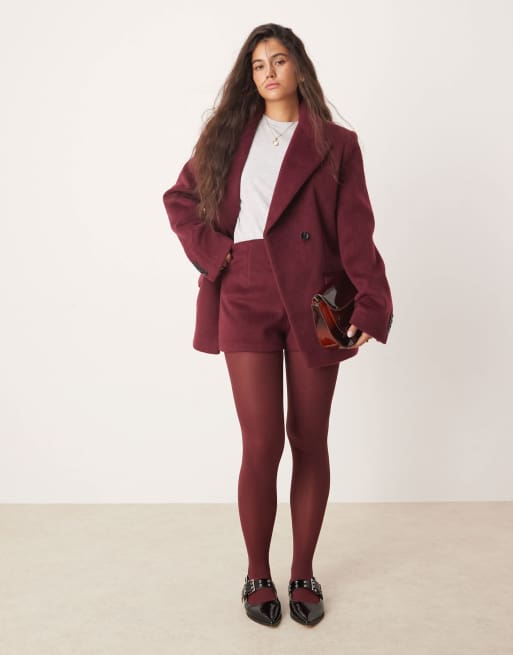 ASOS DESIGN tailored high rise wool look shorts in dark cherry