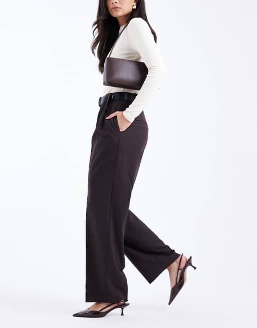 ASOS DESIGN tailored high waist belted straight leg pants in brown pinstripes, 2 of 5