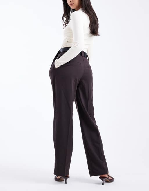 ASOS DESIGN tailored high waist belted straight leg pants in brown pinstripes, 3 of 5