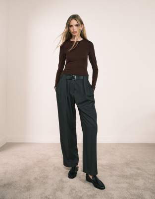 Asos Design Tailored High Waist Belted Straight Leg Pants In Gray