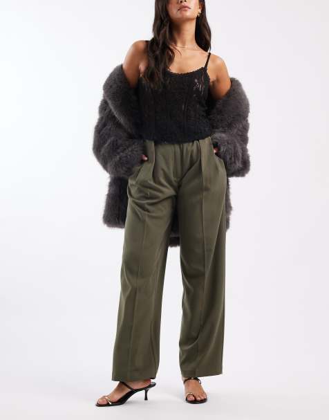ASOS DESIGN tailored high waist belted straight leg pants in khaki - view 1
