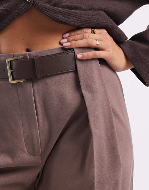ASOS DESIGN tailored high waist belted straight leg pants in taupe, 4 of 5