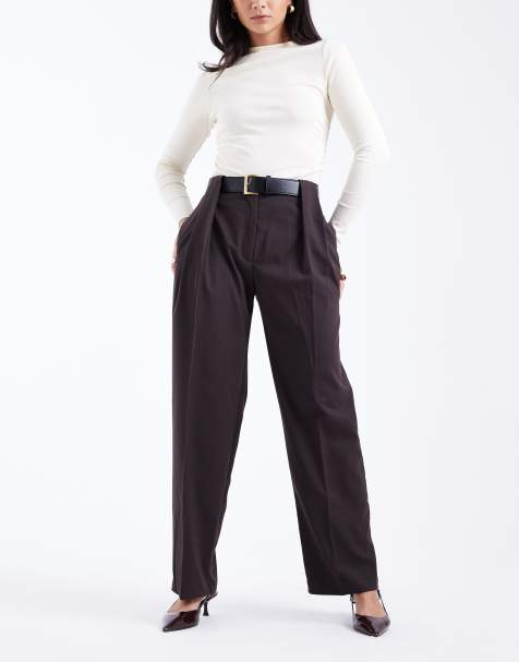 ASOS DESIGN tailored high waist belted straight leg trousers in brown pinstripe - view 1