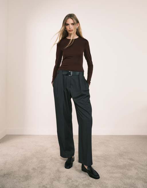 ASOS DESIGN tailored high waist belted straight leg trousers in grey marl, 2 of 5