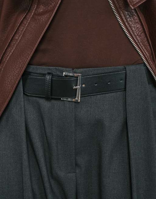 ASOS DESIGN tailored high waist belted straight leg trousers in grey marl, 4 of 5