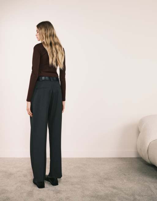 ASOS DESIGN tailored high waist belted straight leg trousers in grey marl, 5 of 5