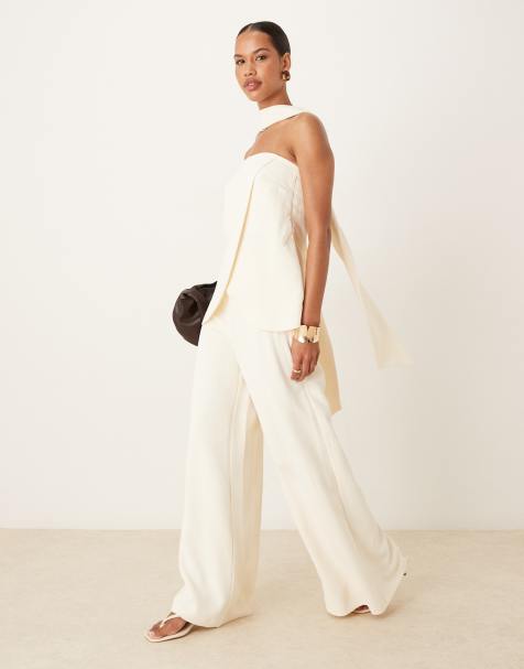 ASOS DESIGN tailored high waist corset detail palazzo pants in buttermilk - part of a set - view 1