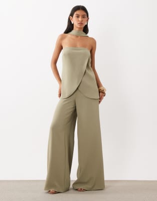 ASOS DESIGN tailored high waist corset detail palazzo trousers co-ord in soft olive