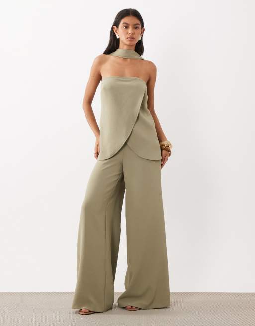 ASOS DESIGN tailored scarf neck detail with corset palazzo trousers co-ord in soft olive, 2 of 3