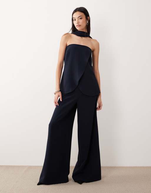 ASOS Design tailored high waist corset detailing palazzo pants in navy - Part of a set