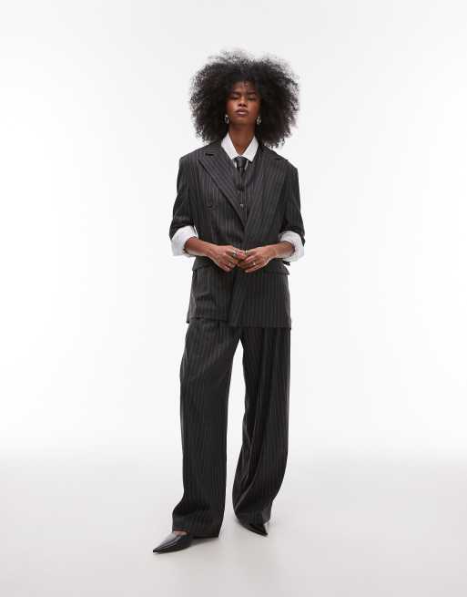 ASOS DESIGN tailored high waist pleated trouser in charcoal pinstripe, 2 of 5