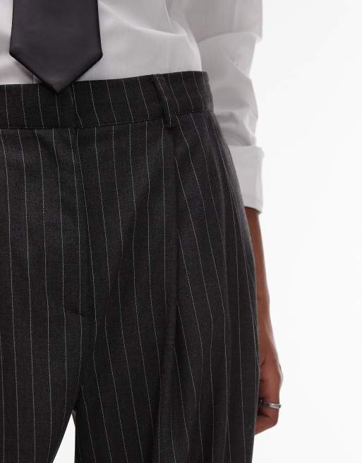 ASOS DESIGN tailored high waist pleated trouser in charcoal pinstripe, 3 of 5