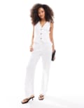 [ASOS DESIGN] ASOS DESIGN tailored high waist seam detail wide leg linen look pants in white 18 White