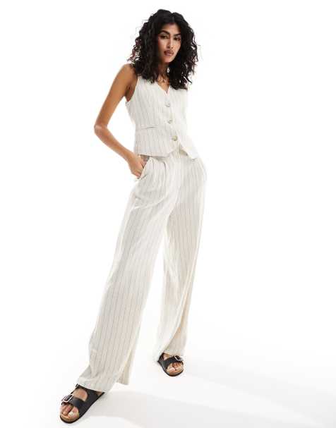 ASOS DESIGN tailored high waist seam detail wide leg linen pants in ecru stripe - view 1
