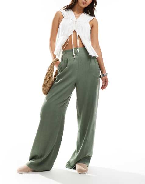 ASOS DESIGN tailored high waist seam detail wide leg linen pants in khaki - view 1