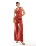 [ASOS DESIGN] ASOS DESIGN tailored high waist seam detail wide leg linen pants in rust (part of a set) 18 Rust