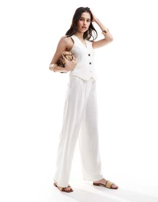 ASOS DESIGN tailored high waist seam detail wide leg linen trousers in white