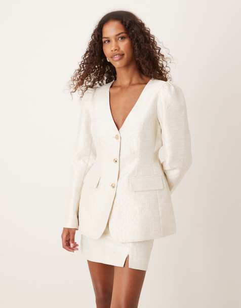 ASOS DESIGN tailored jacquard puff sleeve top co-ord in cream - view 1