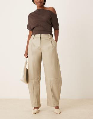 Asos Design Tailored Leather Look Barrel Pants In Brown