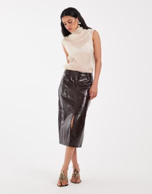 Asos Design Tailored Leather Look Midi Pencil Skirt In Brown