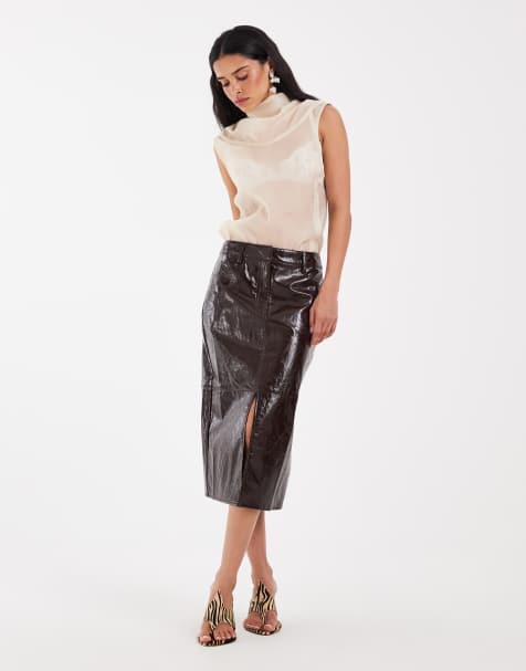 ASOS DESIGN tailored leather look midi pencil skirt in conker crackle - view 1