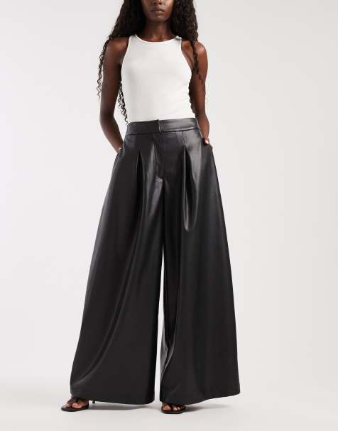 ASOS DESIGN Tailored leather look super wide pants in black - view 1