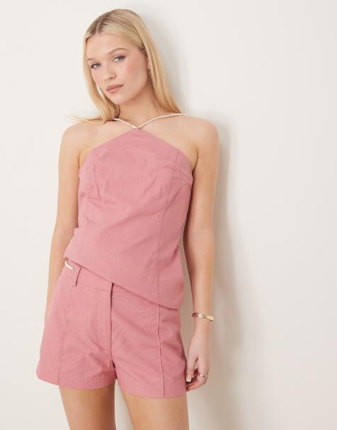 ASOS DESIGN tailored linen halter neck top co-ord with bead detail in pink - view 1