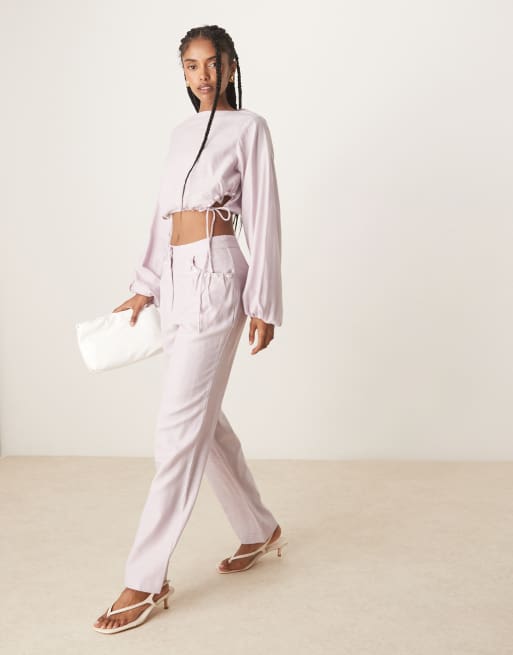 ASOS DESIGN tailored linen look straight leg trouser co-ord with pearl detail in lilac