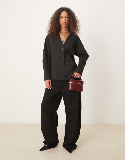 ASOS DESIGN tailored linen look textured nipped waist blazer in black - part of a set - view 1