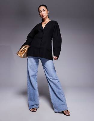 Asos Design Tailored Linen Look Textured Nipped Waist Blazer In Black