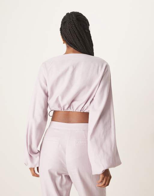 ASOS DESIGN tailored linen look top with pearl detail co-ord in lilac, 4 of 4