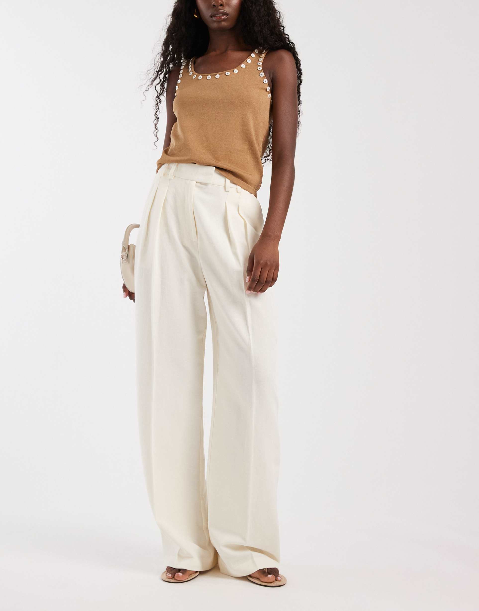 asos design tailored linen look wide leg pants with pleat detail in ivory