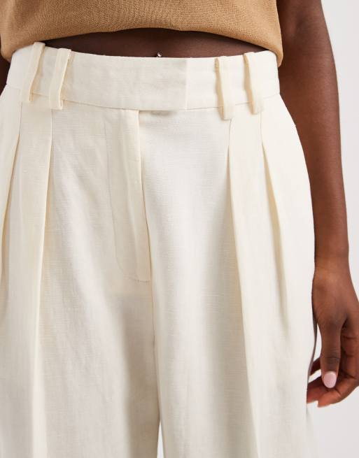 ASOS DESIGN Tailored linen look wide leg pants with pleat detail in ivory, 5 of 5