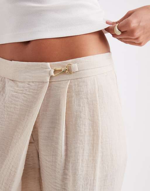 ASOS DESIGN Tailored linen look wrap front gold buckle detail pants in natural, 2 of 5