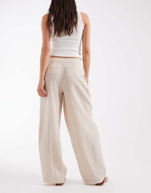 ASOS DESIGN Tailored linen look wrap front gold buckle detail pants in natural, 3 of 5