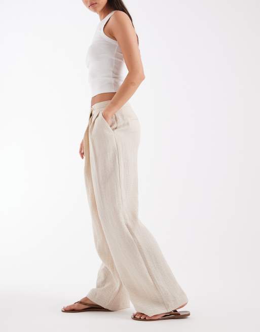ASOS DESIGN Tailored linen look wrap front gold buckle detail trousers in natural, 5 of 5