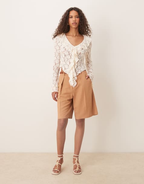ASOS DESIGN tailored linen mix longline city shorts in mocha - view 1