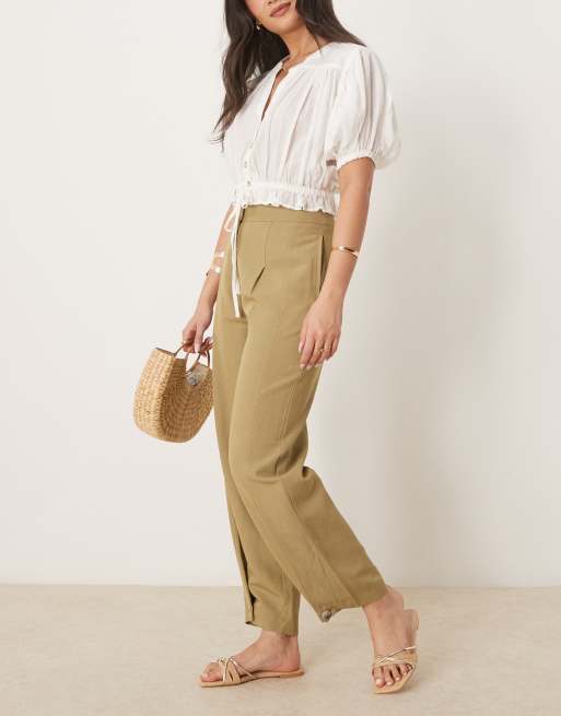 ASOS DESIGN tailored linen pants with multi way tab hem in khaki, 4 of 5