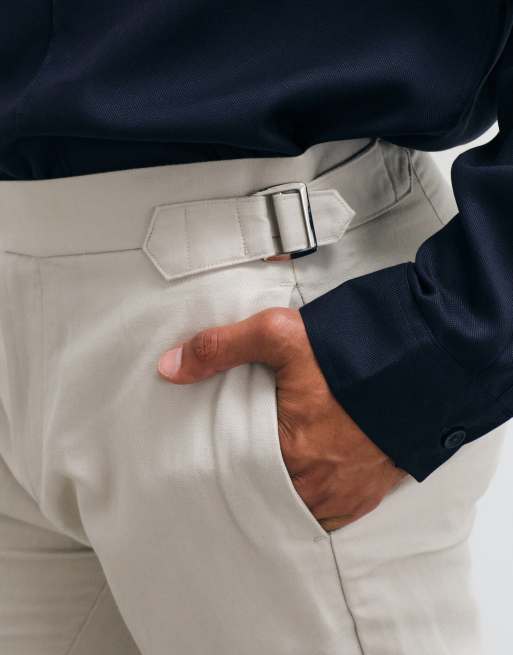 ASOS DESIGN tailored linen rich slim shorts in stone with side adjuster detail , 2 of 5