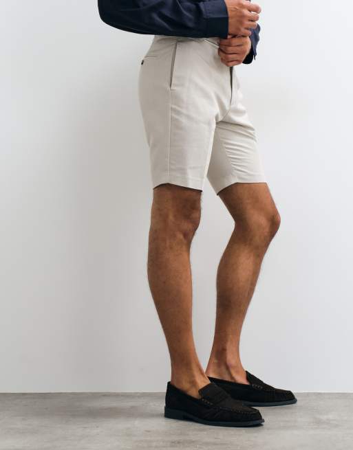 ASOS DESIGN tailored linen rich slim shorts in stone with side adjuster detail , 3 of 5