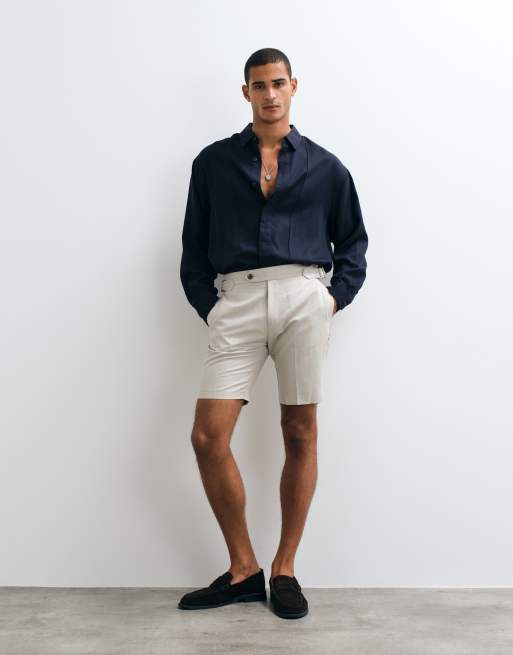 ASOS DESIGN tailored linen rich slim shorts in stone with side adjuster detail , 4 of 5