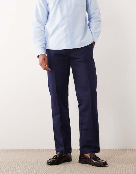 ASOS DESIGN tailored linen rich straight leg pants in navy with side adjuster detail and cuffed hem - view 1