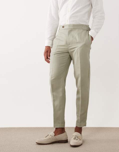 ASOS DESIGN tailored linen rich tapered trousers in sage green with side adjuster detail and turnups - view 1