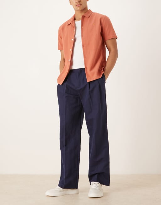 ASOS DESIGN tailored linen rich wide leg pants in navy with double pleats, 2 of 5